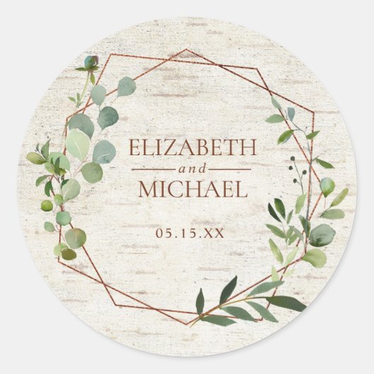 Rustige koperen Geometrische Eucalyptus Birch Wedd Ronde Sticker (Voorkant)