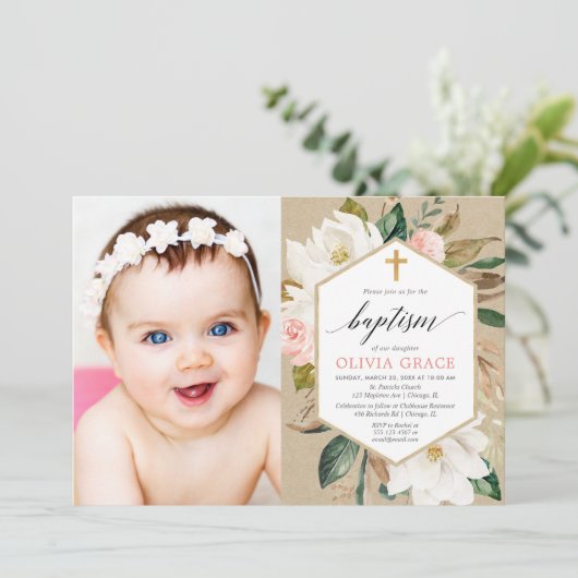 Rustige kraft blush roze witte florale baptisme fo kaart (Staand voorkant)