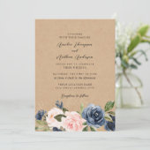 Rustige Kraft Navy Blush Bloemen Bruiloft Kaart (Staand voorkant)
