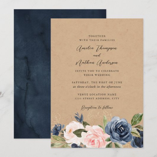 Rustige Kraft Navy Blush Bloemen Bruiloft Kaart (Voorkant / Achterkant)