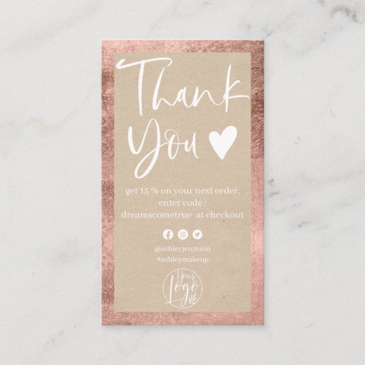 Rustige kraft roos goud witte logo bedankt visitekaartje (Voorkant)