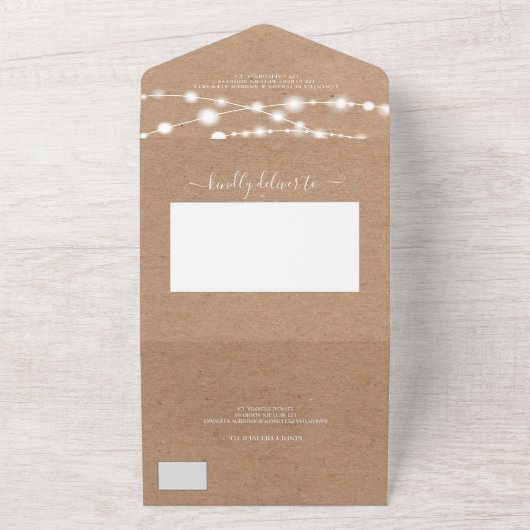 Rustige kraft string licht initialen script bruilo all in one uitnodiging (Buitenkant)