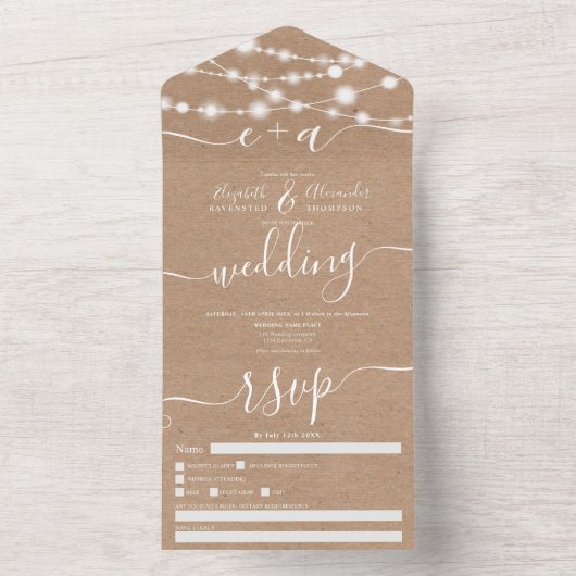 Rustige kraft string licht initialen script bruilo all in one uitnodiging (Binnen)