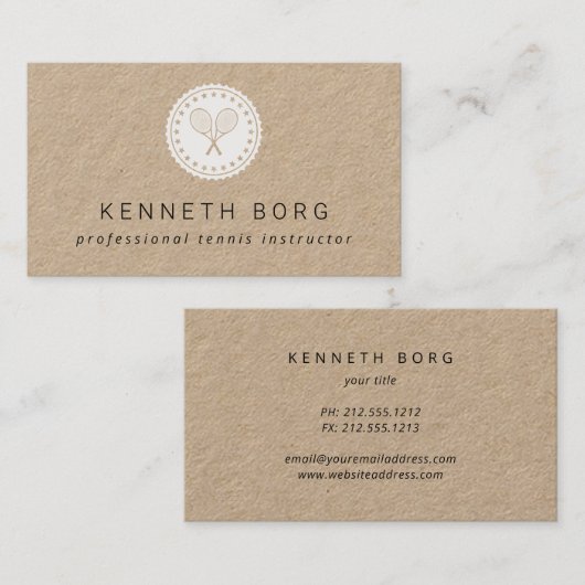 Rustige kraft tennis instructeur logo in wit visitekaartje (Voorkant / Achterkant)