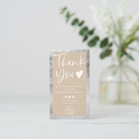 Rustige kraft zilver witte logo bedankt visitekaartje (Staand voorkant)