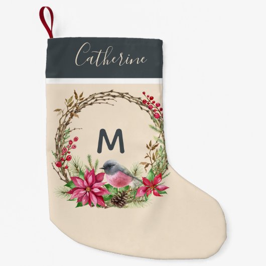 Rustige krans kerstster vogel bessen monogram kleine kerstsok (Voorkant)