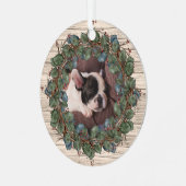 Rustige krans op houten huisdier foto metalen ornament (Voorkant links)