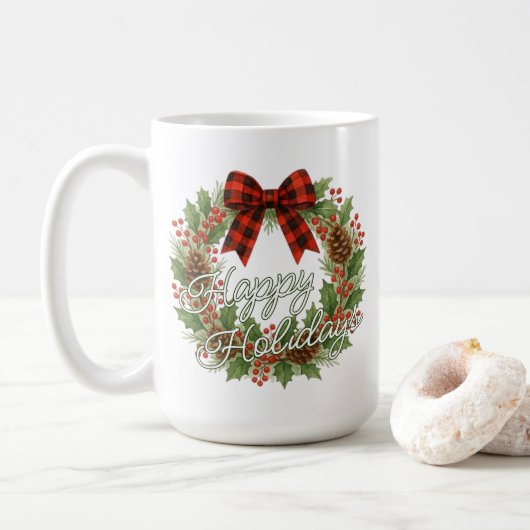 Rustige krans rood zwart geruit lint vakantie koffiemok (Met donut)