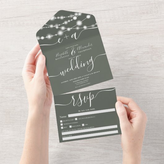 Rustige krijtsnaarlampen initialen script bruiloft all in one uitnodiging (Afscheurbaar)