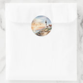 Rustige kustlandschap Waterverf vuurtoren Ronde Sticker (Tas)