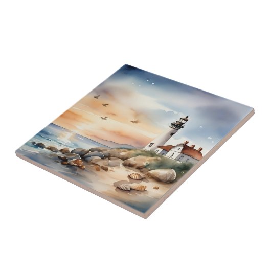 Rustige kustlandschap Waterverf vuurtoren Tegeltje (Zijkant)