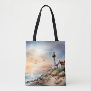 Rustige kustlandschap Waterverf vuurtoren Tote Bag
