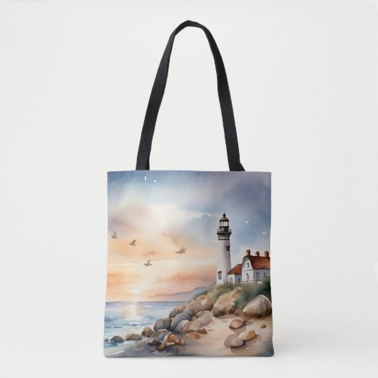 Rustige kustlandschap Waterverf vuurtoren Tote Bag (Voorkant)
