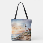 Rustige kustlandschap Waterverf vuurtoren Tote Bag (Achterkant)