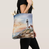 Rustige kustlandschap Waterverf vuurtoren Tote Bag (Dichtbij)