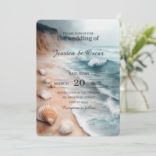 Rustige kustlijn achtergrond bruiloft kaart (Staand voorkant)