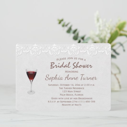 Rustige Lace Wine Tasting Bridal Shower Uitnodigin Kaart (Staand voorkant)