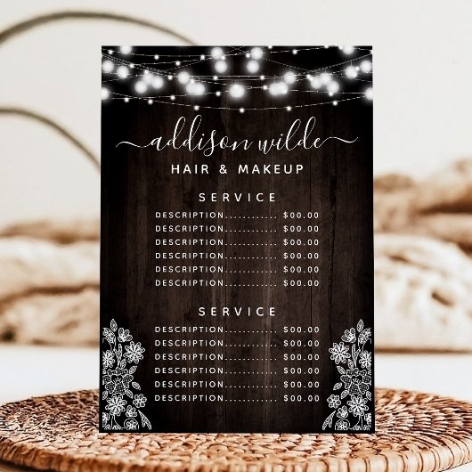 Rustige Lace Wood String Lights Zakelijke prijslij Menu