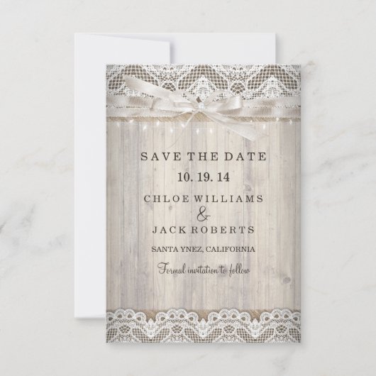 Rustige Lace Wood Wedding Save the Date (Voorkant)