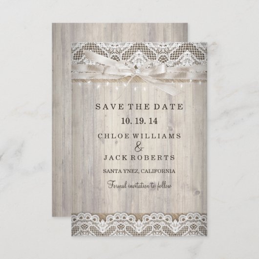 Rustige  Lace Wood Wedding Save the Date (Voorkant / Achterkant)