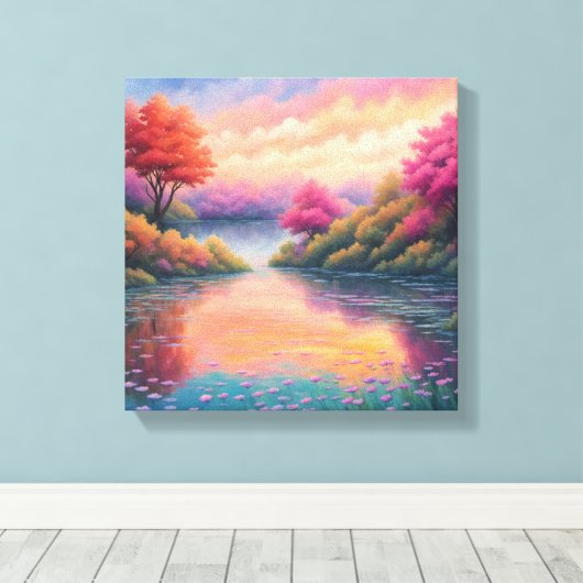 Rustige Lakeside Escape: bloemenlandschap Canvas Afdruk (Insitu (Houten vloer))