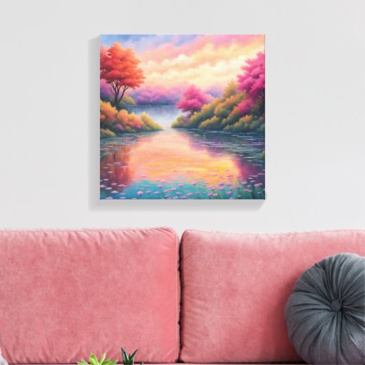 Rustige Lakeside Escape: bloemenlandschap Canvas Afdruk (Insitu (Woonkamer))