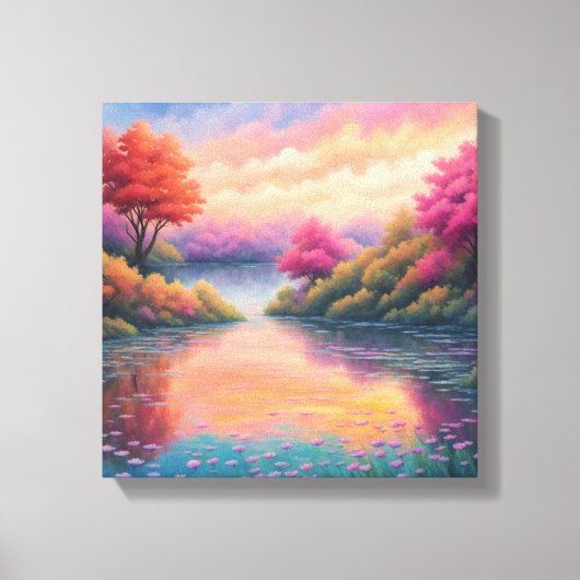 Rustige Lakeside Escape: bloemenlandschap Canvas Afdruk (Voorkant)