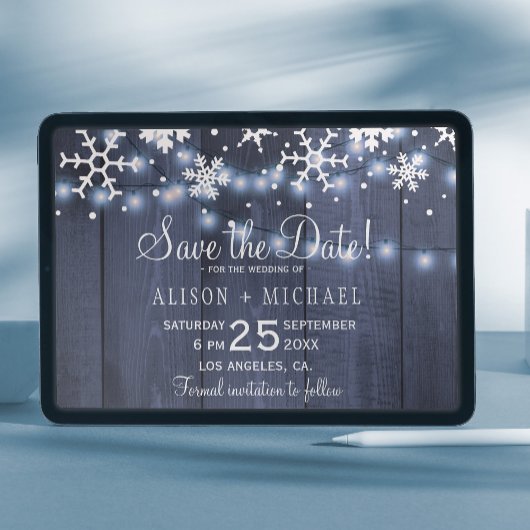 Rustige lampen sneeuwvlokken wintertrouwdag save the date