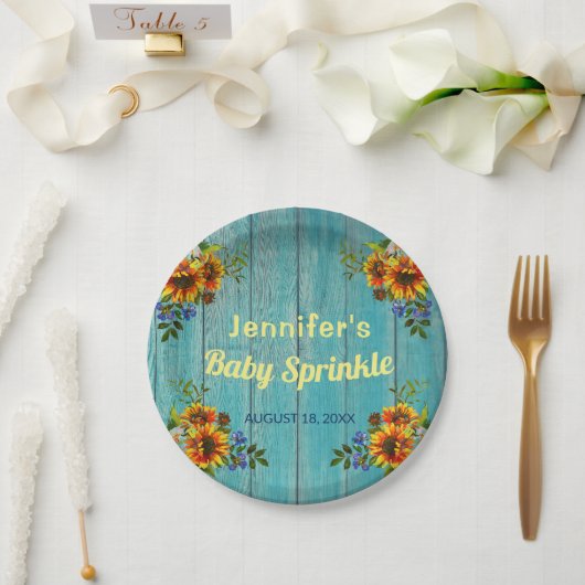 Rustige Land Blue Sunflower Baby Sprinkle Party Papieren Bordje (Huwelijk)