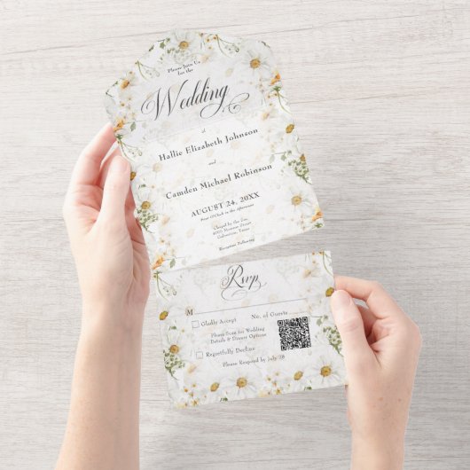 Rustige Land Daisy Floral QR-code All In One Uitnodiging (Afscheurbaar)