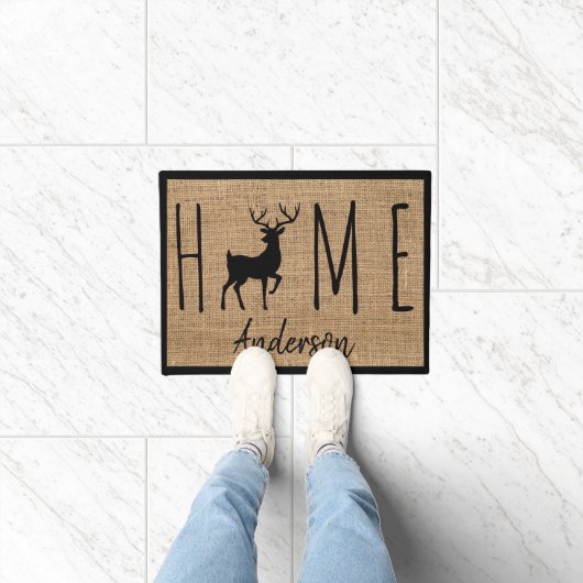 Rustige Land Faux Burlap Buck Familienaam Deurmat (Binnen)