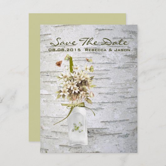 rustige land - wildbloem - bruiloft met witte berk aankondigingskaart (Voorkant / Achterkant)