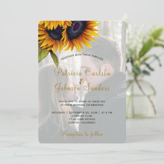 Rustige land zonnebloemfotobruiloft kaart (Staand voorkant)