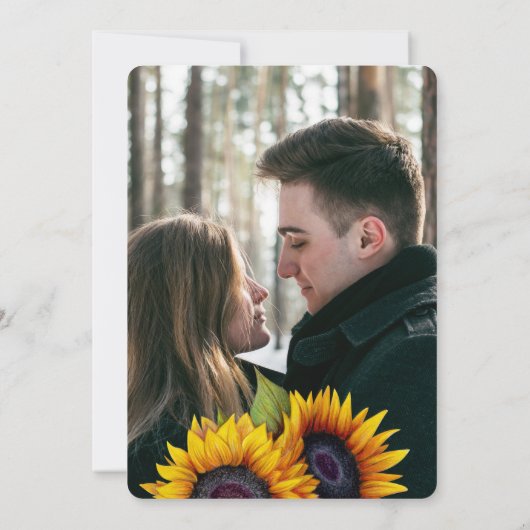 Rustige land zonnebloemfotobruiloft kaart (Achterkant)