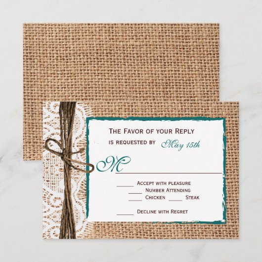 Rustige landburlap Blauwgroen RSVP-kaarten RSVP Kaartje (Voorkant / Achterkant)