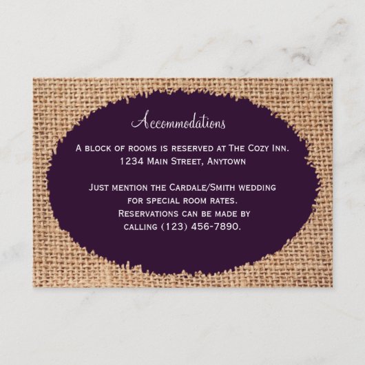 Rustige landburlap-Paarse accommodatiekaarten Informatiekaartje (Voorkant)