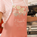 Rustige landelegante keukenchef schort<br><div class="desc">Chef-gepersonaliseerde  rustige keukenschoorn met een delicaat zwarte roze,  perachycrème en groene florale botanische wilde bloemen grenst aan een koraal oranje achtergrond.             Het kan een mooi cadeau voor je eigen keuken zijn of een persoonlijk cadeau voor iemand speciaal,  jarig,  jarig,  kerstfeest,  vrijgezellenfeest of een huwelijkscadeau.</div>