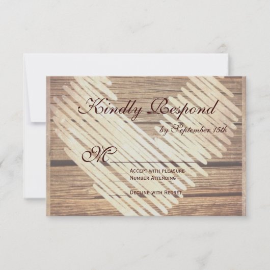 Rustige landelijke Barn Wood Heart Wedding RSVP-ka RSVP Kaartje (Voorkant)