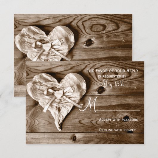 Rustige landelijke Barn Wood Heart Wedding RSVP-ka RSVP Kaartje (Voorkant / Achterkant)