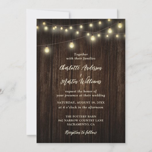 Rustige landelijke Barn Wood String Lights Wedding Kaart (Voorkant)