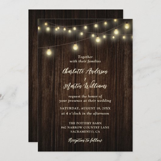 Rustige landelijke Barn Wood String Lights Wedding Kaart (Voorkant / Achterkant)