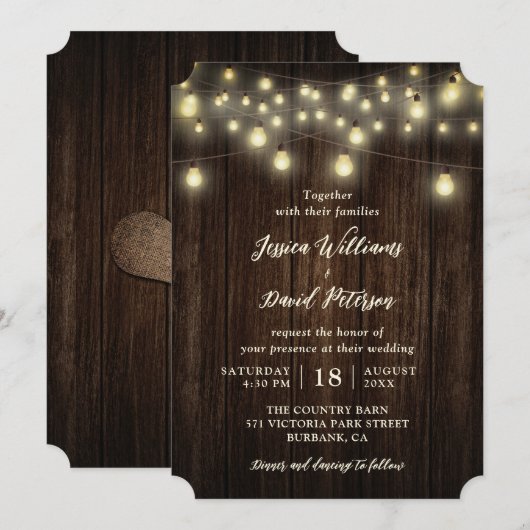 Rustige landelijke Barn Wood String Lights Wedding Kaart (Voorkant / Achterkant)