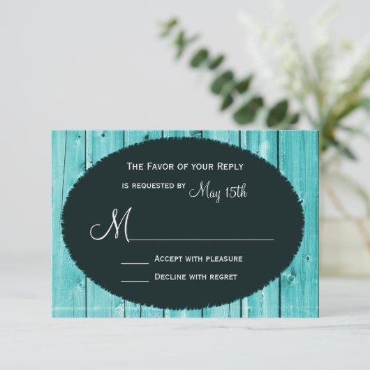 Rustige landelijke Blauwgroen Barn Wood Wedding RS RSVP Kaartje (Staand voorkant)
