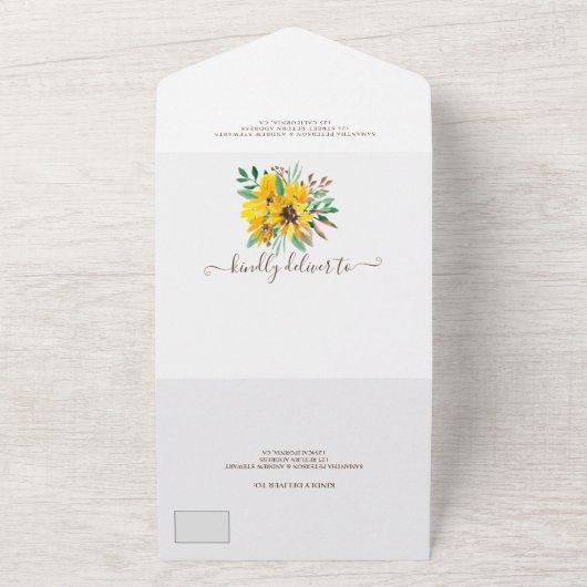 Rustige landelijke bruiloft met zonnebloempitten all in one uitnodiging (Buitenkant)