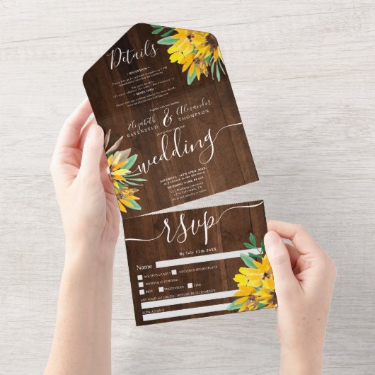Rustige landelijke bruiloft met zonnebloempitten all in one uitnodiging (Afscheurbaar)