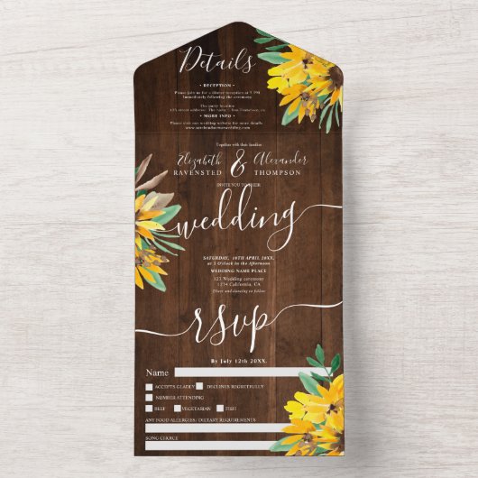 Rustige landelijke bruiloft met zonnebloempitten all in one uitnodiging (Binnen)