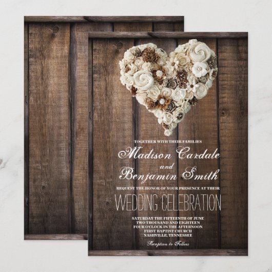 Rustige landelijke houten bloem Heart Wedding Invi Kaart (Voorkant / Achterkant)