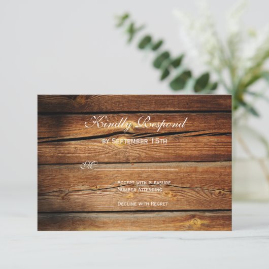 Rustige landelijke RSVP-kaarten voor houtweddenwed RSVP Kaartje (Staand voorkant)