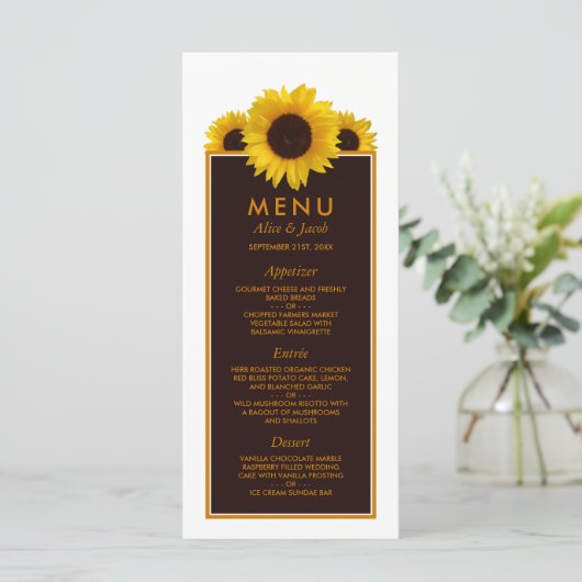 Rustige landelijke zonnebloemen - Floral Wedding Menu (Staand voorkant)