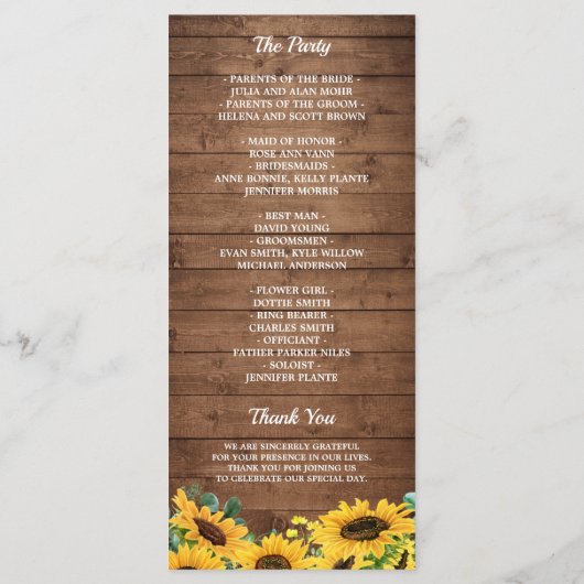 Rustige landelijke zonnebloempeldenweddenschap programmakaart (Achterkant)